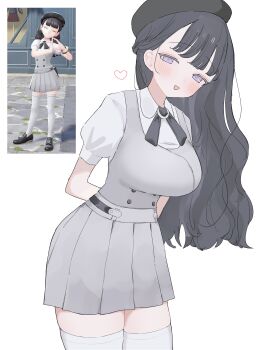 1girl :d absurdres alternate_breast_size_(larger) arms_behind_back beret black_hair black_hat black_ribbon blush breasts collared_shirt commentary_request cowboy_shot game_screenshot_inset grey_skirt grey_vest harmony_(pokemon) hat heart highres impossible_clothes impossible_vest large_breasts long_hair looking_at_viewer lululuro miniskirt neck_ribbon nintendo open_mouth pleated_skirt pokemon pokemon_legends:_z-a purple_eyes ribbon rounded_collar shirt simple_background skirt skirt_set smile solo thighhighs very_long_hair vest white_background white_shirt white_thighhighs