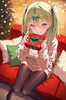 1girl black_pantyhose blush box breasts cable_knit christmas christmas_lights christmas_ornaments christmas_present christmas_tree commentary_request couch cushion dress gift gift_box green_hair grin hair_between_eyes hair_ornament hairclip heaven_burns_red highres holding holding_box holding_gift indoors knees_together_feet_apart long_hair long_sleeves looking_at_viewer multicolored_hair netarou_(shinra) no_shoes on_couch ooshima_isuzu pantyhose pillow pink_eyes red_eyes sitting smile solo streaked_hair sweater two_side_up white_sweater x_hair_ornament