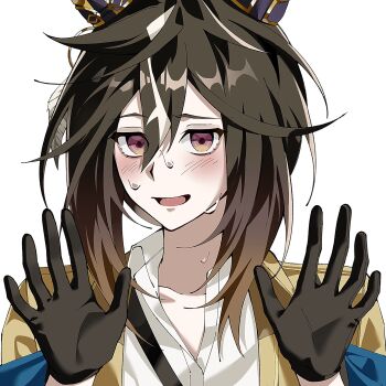 Rule 34 | 1girl, animal ears, black gloves, black hair, blush, brown eyes, brown hair, closed mouth, coat, collared shirt, commentary, ear covers, gloves, gradient eyes, hair between eyes, hands up, highres, horse ears, horse girl, long hair, looking at viewer, multicolored eyes, multicolored hair, open mouth, osamapublishing, purple eyes, shirt, simple background, solo, stay gold (umamusume), streaked hair, sweat, symbol-only commentary, umamusume, white background, white hair, white shirt, yellow coat