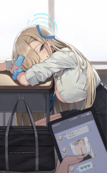 1girl 1other absurdres arm_on_table asuna_(blue_archive) asuna_(school_uniform)_(blue_archive) bag black_choker black_skirt blonde_hair blue_archive blue_bow blue_bowtie blue_eyes blue_halo blue_ribbon blue_scrunchie blush bow bowtie breasts cellphone cellphone_photo choker classroom commentary cowboy_shot day desk from_side grin hair_over_one_eye hair_ribbon half-closed_eyes halo hands_up hanging_breasts head_on_table head_rest high-waist_skirt highres holding holding_phone indoors korean_text large_breasts long_hair looking_at_viewer looking_to_the_side miniskirt official_alternate_costume one_eye_covered open_clothes open_shirt outstretched_arm parted_lips phone pipi_ya pleated_skirt pov pov_hands ribbon school_bag school_desk school_uniform scrunchie see-through_silhouette shirt shirt_tucked_in shoulder_bag sitting skirt smartphone smile solo_focus text_messaging three-quarter_sleeves translation_request unworn_bowtie very_long_hair white_shirt window wrist_scrunchie