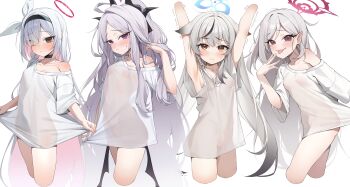 4girls :p absurdres alternate_costume animal_ears armpits black_eyes black_hairband black_wings blue_archive blue_halo blush bottomless brown_eyes closed_mouth commentary covered_erect_nipples cowboy_shot cropped_arms cropped_legs eyes_visible_through_hair frown hair_down hair_over_one_eye hairband halo highres hina_(blue_archive) kokona_(blue_archive) long_hair looking_at_viewer low_wings multicolored_hair multiple_girls mutsuki_(blue_archive) pink_eyes pink_halo plana_(blue_archive) pointy_ears red_halo see-through_clothes see-through_shirt shirt short_sleeves simple_background single_bare_shoulder smile streaked_hair symbol-only_commentary t-shirt tears three-quarter_sleeves tongue tongue_out trembling um_111 very_long_hair white_background white_hair white_shirt wings