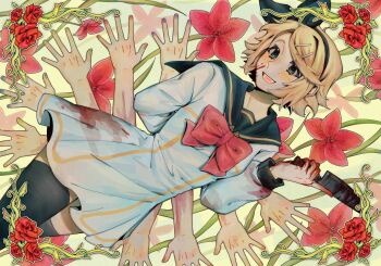 Rule 34 | absurdres, blood, blood on clothes, blood on face, blood on hands, bloody knife, goomyloid, highres, holding, holding knife, kagamine rin, knife, kyoufu garden (vocaloid), lossy-lossless, md5 mismatch