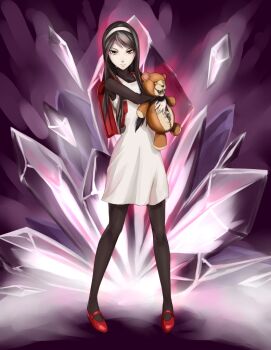 Rule 34 | 1girl, black eyes, black hair, black pantyhose, devil summoner (series), devil summoner: soul hackers, devil summoner (series), dress, female focus, hairband, holding, long hair, looking at viewer, massive kagawa, onryou erika, pantyhose, sako erika, shin megami tensei, solo, stuffed animal, stuffed toy, teddy bear, white dress