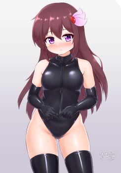 1girl alternate_costume black_gloves black_leotard black_thighhighs blush breasts brown_hair elbow_gloves gloves gluteal_fold hair_ornament highleg highleg_leotard highres index_fingers_together kantai_collection kisaragi_(kancolle) leotard long_hair looking_at_viewer purple_eyes small_breasts solo thighhighs turtleneck very_long_hair zanne