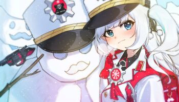 Rule 34 | 1girl, absurdres, backpack, bag, bag charm, black ribbon, black shirt, blue archive, blue eyes, blush, bow, bowtie, buttons, charm (object), cherino (blue archive), collared shirt, commentary request, emblem, facial hair, fake facial hair, fake mustache, gloves, gun, hair ornament, hair ribbon, handgun, hat, highres, holding, holding gun, holding weapon, jacket, long hair, long sleeves, looking at viewer, military hat, moving gun, mustache, nagant m1895, pom pom (clothes), pom pom hair ornament, randoseru, red bag, red bow, red winter federal academy logo, revolver, ribbon, shako cap, shirt, snowflake print, snowing, snowman, solo, two side up, upper body, v-shaped eyebrows, weapon, white gloves, white hair, white hat, white jacket