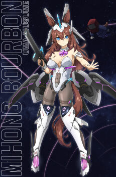 Rule 34 | 1girl, 1other, absurdres, alternate costume, animal ears, bare arms, bare shoulders, black pantyhose, blue eyes, blue jacket, blue pants, blush, boots, breasts, brown hair, closed mouth, commentary request, gun, hair between eyes, hairband, highres, holding, holding gun, holding weapon, horse ears, horse girl, jacket, large breasts, long hair, looking at viewer, mecha, mihono bourbon (umamusume), pants, pantyhose, robot, sky, space, star (sky), starry sky, thigh boots, thighband pantyhose, umamusume, weapon, white boots, white hairband, wrist cuffs, yingjian