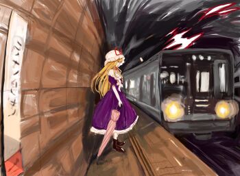 1girl 83mkneinlsqmebq blonde_hair choker dress elbow_gloves folded_umbrella frills from_side full_body gloves hat highres holding holding_umbrella light_smile long_hair mob_cap purple_dress ribbon_choker short_sleeves solo touhou train umbrella very_long_hair white_gloves yakumo_yukari
