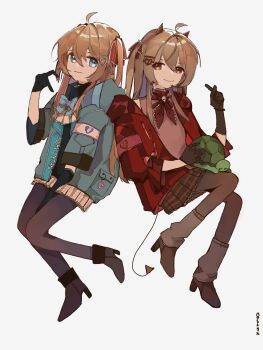 2girls ahoge alternate_costume animal animal_on_lap artist_name ascot asymmetrical_gloves baggy_clothes black_boots black_choker black_gloves black_pantyhose blue_bow blue_bowtie blue_eyes boots bow bowtie brown_boots brown_hair brown_pantyhose brown_shirt brown_skirt choker closed_mouth demon_horns demon_tail double-parted_bangs evil_neuro-sama fashion finger_heart four-finger_heart_hands frilled_skirt frills gloves grey_socks hair_between_eyes hair_ornament hair_ribbon hand_between_thighs hashtag-only_commentary heart heart_hair_ornament heart_hands high_heel_boots high_heels highres horns invisible_chair jacket lace-trimmed_bowtie long_hair looking_at_viewer miniskirt multiple_girls neckerchief neuro-sama nostyx_x on_lap open_clothes open_jacket pantyhose plaid_clothes plaid_skirt pleated_skirt red_bow red_eyes red_jacket red_neckerchief red_ribbon ribbon shirt siblings simple_background single_hair_intake sisters sitting skirt sleeve_bow sleeveless sleeveless_shirt smile socks tail three-quarter_sleeves turtle turtleneck turtleneck_shirt twins two_side_up uneven_gloves vedal987 vedal_ai white_background