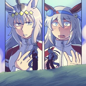 Rule 34 | 2girls, absurdres, animal ears, black hair, blue hairband, breasts, clothing cutout, ear ornament, fang, grass, grey hair, hairband, highres, horse ears, horse girl, horse tail, jacket, medium breasts, multicolored hair, multiple girls, oguri cap (umamusume), pants, sweatdrop, tail, tail through clothes, tamamo cross (umamusume), track jacket, track pants, track suit, umamusume, vincent-san