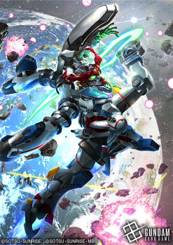 Rule 34 | aidle co jp, asteroid, battle, commentary request, company name, copyright logo, copyright name, copyright notice, debris, energy sword, glowing, glowing eyes, gquuuuuux, gundam, gundam card game, gundam gquuuuuux, holding, holding weapon, logo, mecha, mecha focus, mobile suit, no humans, official art, realistic, robot, scene reference, science fiction, shield, solo, space, sunrise (company), sword, thrusters, v-fin, weapon, zeon, zero gravity