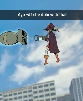 1girl asymmetrical_legwear bandaged_leg bandages black_cape black_hair blue_sky bomb bread_forbidden building cape city commentary dress energy energy_beam energy_weapon english_text explosive fat_man_(nuclear_bomb) floating from_side full_body game_screenshot_background garry's_mod gravity_gun hat highres holding holding_weapon kono_subarashii_sekai_ni_shukufuku_wo! levitation megumin mismatched_legwear nuclear_weapon outdoors profile red_dress red_eyes screenshot_background short_hair short_hair_with_long_locks single_thighhigh sky snapchat solo thighhighs weapon weapon_of_mass_destruction witch_hat