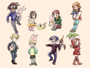 Rule 34 | 3girls, 5boys, antennae, cat, digimon, digimon (creature), glasses, highres, ishida yamato, izumi koshiro, kido jo, koromon, leaf, mochimon, multiple boys, multiple girls, nyaromon, pukamon, pyocomon, tachikawa mimi, tail, takaishi takeru, takenouchi sora, tanemon, tokomon, tunomon, yagami hikari, yagami taichi