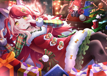 1girl absurdres animal_ears black_pantyhose blush bow box breasts character_doll christmas christmas_ornaments christmas_tree doll dress ear_covers facial_mark fur_trim gift gift_box green_bow hair_between_eyes hair_ornament heart heart_facial_mark heart_on_cheek highres horse_ears horse_girl inairego116 large_breasts long_hair long_sleeves looking_at_viewer loves_only_you_(umamusume) lying multicolored_hair on_back pantyhose parted_lips red_dress red_hair santa_costume santa_dress solo umamusume yellow_bow yellow_eyes