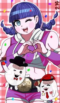 1girl blue_eyes braid brain chocolate confetti heart heart_hands highres long_hair looking_at_viewer mojiro_moko muscular muscular_female nigou_(hundred_line) one_eye_closed pink_background purple_hair simple_background sirei_(hundred_line) standing the_hundred_line_-last_defense_academy- twin_braids twintails wink wrestler