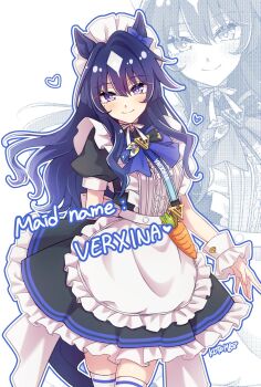 Rule 34 | 1girl, animal ears, apron, black dress, blue bow, blue hair, blush, bow, breasts, carrot, closed mouth, dress, ear bow, hair between eyes, highres, horse ears, horse girl, horse tail, kotorimyuu, long hair, looking at viewer, maid, maid apron, mole, mole under eye, multicolored hair, puffy short sleeves, puffy sleeves, purple eyes, revision, short sleeves, smile, solo, tail, thighhighs, umamusume, verxina (umamusume), white apron, white headdress, white thighhighs, white wrist cuffs, wrist cuffs, zoom layer