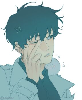 1boy anger_vein biyoo_(omniscient_reader&#039;s_viewpoint) black_eyes black_hair black_shirt coat collared_shirt commentary finger_to_eye hand_up highres kim_dokja looking_to_the_side male_focus nadardoh omniscient_reader&#039;s_viewpoint open_clothes open_coat parted_lips portrait shirt short_hair solo symbol-only_commentary v white_coat