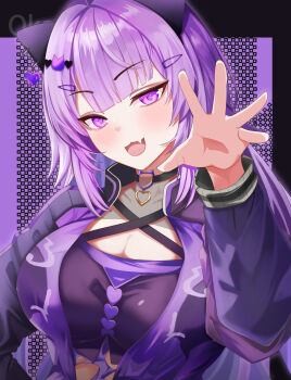 1girl absurdres animal_ears breasts cat_choker cat_ears choker cleavage commentary fake_animal_ears fang hair_ornament hairpin halterneck highres hololive jacket large_breasts lochen long_hair nekomata_okayu nekomata_okayu_(gyaru) o-ring o-ring_choker official_alternate_costume open_mouth purple_eyes purple_hair purple_jacket purple_shirt shirt skin_fang smile solo very_long_hair virtual_youtuber