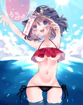 1girl alternate_costume ball beachball bikini black_bikini blue_eyes blush breasts commentary_request cowboy_shot expressive_clothes fingernails grey_hair jiangshi lowleg lowleg_bikini milestone_celebration mismatched_bikini miyako_yoshika ocean open_mouth outdoors red_bikini red_nails shinjitsu_no_kuchi short_hair smile solo sun swimsuit touhou underboob water