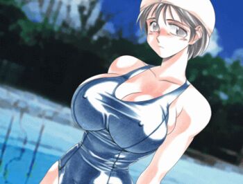 1girl animated animated_gif areola_slip blush bouncing_breasts breasts cleavage clothes_pull cloud covered_erect_nipples day dutch_angle embarrassed female_focus frown game_cg grey_eyes grey_hair huge_breasts large_breasts looking_at_viewer looking_down nipples non-web_source norota_noromi one-piece_swimsuit one-piece_swimsuit_pull outdoors photo_background pool poolside public_indecency school_swimsuit short_hair sky solo swim_cap swimsuit taisen_hot_gimmick taisen_hot_gimmick_kairakuten tokisaka_mugi topless_female torn_clothes traditional_media tree upper_body wardrobe_malfunction water