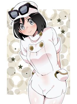 1boy aether_foundation_employee aether_foundation_employee_(cosplay) arms_behind_back black-framed_eyewear black_hair border calem_(pokemon) closed_mouth commentary_request cosplay eyelashes eyewear_on_headwear grey_eyes hat highres leaning light_blush male_focus nintendo outside_border overalls pantyhose pokemon pokemon_sm pokemon_xy sana_(37pisana) smile solo star_(symbol) sunglasses white_border white_hat white_overalls