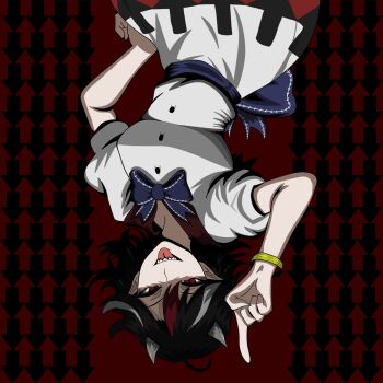 1girl absurdres arm_up arrow_(symbol) black_dress black_hair blue_bow bow bracelet breasts collar collared_dress commentary cowboy_shot dress english_commentary evil_grin evil_smile grin hand_on_own_hip highres horns jewelry kijin_seija kinoshii-shroom looking_at_viewer medium_breasts medium_hair multicolored_dress multicolored_hair open_mouth pointing pointing_up puffy_short_sleeves puffy_sleeves red_collar red_dress red_eyes red_hair sash shaded_face sharp_teeth short_sleeves smile solo teeth tongue tongue_out touhou upside-down waist_bow waist_sash white_dress white_hair