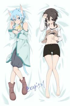 Rule 34 | 2girls, animal ear fluff, animal ears, ankle boots, arm up, artist name, asada shino, asagi501, bare legs, bare shoulders, barefoot, black-framed eyewear, black bra, blue dress, blue eyes, blue hair, blush, boots, bra, breasts, brown boots, brown eyes, brown hair, brown shirt, cat ears, cat girl, cat tail, cleavage, closed mouth, clothes lift, clothing cutout, collarbone, commentary request, dakimakura (medium), double-parted bangs, dress, frilled sleeves, frills, full body, glass, grey shorts, groin, hair between eyes, hair ribbon, hands up, highres, knees together feet apart, long sleeves, looking at viewer, lying, medium hair, merchandise available, messy hair, multiple girls, navel, off shoulder, on back, parted lips, ribbon, rimless eyewear, shirt, shirt lift, short shorts, shorts, shoulder cutout, single bare shoulder, sinon, sinon (sao-alo), sleepwear, small breasts, smile, split mouth, stomach, strap slip, sword art online, tail, thigh gap, twitter username, two-tone shirt, underwear, watermark, white ribbon, white shirt, yellow ribbon