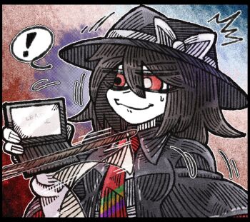 ! 2girls black_capelet black_collar black_hair black_hat bow capelet collar gohei hair_between_eyes hakurei_reimu hat hat_bow holding holding_gohei long_sleeves multicolored_necktie multiple_girls necktie pointing pointing_at_another red_eyes shirt solo solo_focus suenari_(peace) sweat touhou usami_renko white_shirt worried