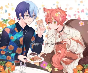 2boys animal_ears aoyagi_touya closed_mouth coffee coffee_mug commentary_request cup dog_ears flower food green_eyes grey_eyes happy_new_year head_on_hand holding holding_food holding_plate jewelry long_sleeves male_focus miki_2288 mole mole_under_eye mug multicolored_hair multiple_boys necklace new_year orange_hair plate project_sekai ring shinonome_akito smile tail teeth