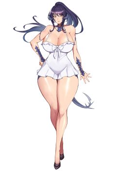 1girl absurdres au_ra black_hair black_shoes blush breasts brown_eyes cleavage closed_mouth commission dragon_horns dragon_tail dress eyebrows_hidden_by_hair final_fantasy final_fantasy_xiv full_body gurimjang hand_on_own_hip highres horns large_breasts large_variant_set lipstick long_hair looking_at_viewer makeup pixiv_commission ponytail sapphira_nyx scales shoes simple_background solo tail thick_thighs thighs variant_set warrior_of_light_(ff14) white_background white_dress