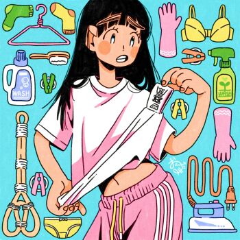 1girl aqua_background arched_bangs black_hair blush_stickers bottle bra clothes_hanger commentary cowboy_shot highres long_hair looking_at_object midriff_peek o_ku_da_ma original pants pink_pants pulling_own_clothes shirt short_sleeves socks solo spray_bottle teeth underwear white_shirt