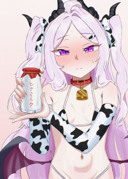 1girl absurdres ahoge alternate_costume alternate_hair_color alternate_hairstyle animal_collar animal_print armpit_crease bikini black_horns black_wings blue_archive blush bottle bow breasts closed_mouth collar cow_print cow_print_bikini cow_print_sleeves cowbell demon_girl demon_horns demon_wings detached_sleeves fingernails hair_bow hair_over_shoulder half-closed_eyes hands_up highres hina_(blue_archive) holding_milk_bottle horns loli long_hair long_sleeves looking_at_viewer low_wings milk milk_bottle multiple_horns navel pink_background pink_hair print_bikini purple_eyes simple_background slit_pupils small_breasts solo split_mouth standing sweat sweatdrop swimsuit twintails very_long_hair wings youvv1104