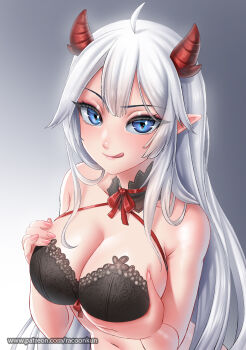 Rule 34 | 1girl, :q, ahoge, armpit crease, bad anatomy, bad hands, bare arms, bare shoulders, black bra, blue eyes, blush, bra, breasts, center-flap bangs, choker, cleavage, closed mouth, collarbone, commentary, demon girl, demon horns, diamond-shaped pupils, diamond (shape), diamond in eye, double-parted bangs, eyelashes, fingernails, from above, grabbing own breast, gradient background, grey background, hair between eyes, hair flaps, hair over shoulder, hands up, highres, horns, indie virtual youtuber, lace, lace-trimmed bra, lace trim, licking lips, lips, long hair, looking at viewer, medium breasts, patreon username, pointy ears, racoon-kun, red choker, red horns, red ribbon, ribbon, ribbon choker, sidelocks, simple background, smile, solo, stomach, symbol-shaped pupils, tongue, tongue out, tsurime, two-tone background, underwear, upper body, vei (4th costume) (vtuber), vei (vtuber), very long hair, virtual youtuber, watermark, web address, white hair