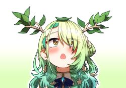 Rule 34 | 1girl, :o, blush, branch, ceres fauna, ceres fauna (1st costume), ddolbang, earrings, flower, gradient background, green hair, hair flower, hair ornament, hololive, hololive english, jewelry, leaf, leaf on head, long hair, mole, mole under eye, virtual youtuber, yellow eyes