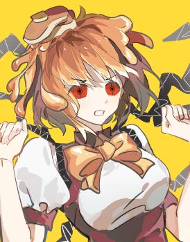 Rule 34 | 1girl, absurdres, angry, bow, bowtie, brown hair, chinese commentary, clenched hands, clenched teeth, colored sclera, commentary request, food, food on head, green eyes, hands up, highres, kimi ga shine, looking at viewer, lu di li dianbo tongxin, maple (kimi ga shine), object on head, pancake, puffy short sleeves, puffy sleeves, red sclera, shirt, short hair, short sleeves, solo, syrup, teeth, tendrils from back, upper body, white shirt, yellow bow, yellow bowtie