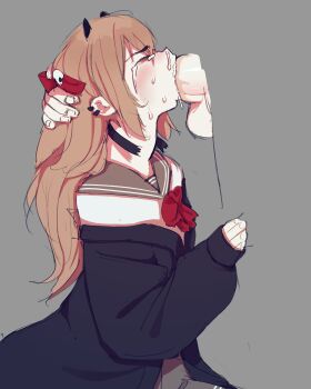 1boy 1girl absurdres ahoge asymmetrical_legwear bandaid blush bow bowtie brown_hair cardigan choker choker_snapping closed_eyes clothed_sex cum cum_in_mouth cum_in_nose cum_overflow deepthroat ear_piercing erection evil_neuro-sama fellatio from_side hair_ornament hair_ribbon hand_on_another's_head handjob hands_on_another's_head heart heart_hair_ornament hetero highres horns indie_virtual_youtuber irrumatio kissing_penis kneeling large_penis loli mismatched_legwear neuro-sama oral otjareniy penis penis_shadow piercing profile red_eyes ribbon sailor_collar school_uniform serafuku skirt skull_hair_ornament solo_focus tears thighhighs throat_bulge uncensored virtual_youtuber