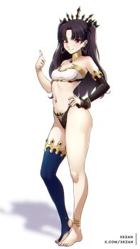 1girl anklet arm_warmers armlet asymmetrical_legwear asymmetrical_sleeves bikini black_hair black_panties breasts cleavage closed_mouth crown detached_sleeves earrings elbow_gloves fate/grand_order fate_(series) gloves gold_anklet gold_armlet gold_choker gold_trim hair_ribbon hand_on_own_hip highleg highleg_panties highres hoop_earrings ishtar_(fate) jewelry long_hair long_legs looking_at_viewer medium_breasts mismatched_bikini navel neck_ring panties parted_bangs red_eyes ribbon simple_background single_arm_warmer single_detached_sleeve single_elbow_glove single_thighhigh small_breasts smile solo swimsuit thighhighs thumbs_up tiara two_side_up underwear uneven_legwear uneven_sleeves white_background xkzan