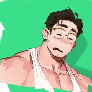 1boy =_= bara black_hair broad_shoulders closed_eyes commentary_request facial_hair glasses goatee_stubble green_background hoonzino korean_commentary large_pectorals male_focus muscular muscular_male no_nose open_mouth original pectoral_cleavage pectorals portrait raised_eyebrows sketch solo stubble tank_top thick_eyebrows white_tank_top