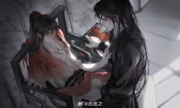 2boys absurdres black_hair black_hanfu braid bulge bulge_press chair chinese_clothes chinese_commentary clenched_teeth closed_mouth folding_screen food fruit gradient_clothes grey_eyes gu_mang hair_ribbon hand_on_another&#039;s_chest hand_on_chair hanfu high_ponytail highres long_hair long_sleeves looking_at_another male_focus mo_xi_(yuwu) multiple_boys on_chair ponytail red_ribbon ribbon side_braid sitting teeth white_hanfu window_shadow yaoi yuwu zhi_yan_zhi