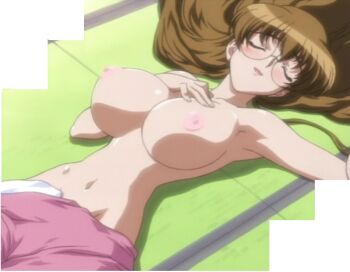 1girl anime_screenshot blush breasts brown_hair covering_crotch covering_privates glasses kuribayashi_yayoi large_breasts long_hair lying mouse_(anime) navel nipples sleeping stitched tatami third-party_edit