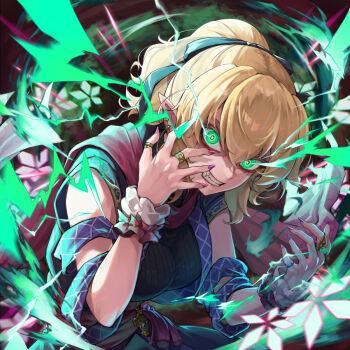 1girl album_cover black_sweater blonde_hair breasts clenched_teeth commentary_request cover ear_piercing energy glaring green_eyes highres jewelry k2e-cradle large_breasts long_hair looking_at_viewer mizuhashi_parsee multiple_rings piercing pointy_ears ponytail purple_nails re_(re_09) red_scarf ring scarf short_hair sleeveless sleeveless_sweater solo sweater teeth touhou wrist_cuffs