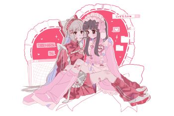 Rule 34 | 2girls, alternate costume, apron, artist collaboration, bandaid, bandaid on leg, blush, bow, brown hair, commentary request, food, food in mouth, fujiwara no mokou, grey hair, hair bow, heart, highres, houraisan kaguya, jacket, jersey maid, jyazo pic, leg warmers, long hair, long sleeves, maid, maid headdress, multiple girls, name tag, pink jacket, pink leg warmers, pink shoes, pink skirt, pocky, pocky in mouth, pocky kiss, red eyes, red jacket, red leg warmers, red shoes, red shorts, shared food, shoes, shorts, skirt, spoken heart, tamiko (tamik0224), touhou, unconventional maid, very long hair, waist apron, white apron, yuri