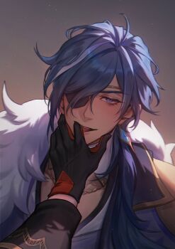 2boys bh495 black_gloves blue_eyes blue_hair blush coat diluc_(genshin_impact) eyelashes eyepatch finger_in_another&#039;s_mouth fur_trim genshin_impact gloves hashtag-only_commentary highres kaeya_(genshin_impact) long_hair long_sleeves male_focus multiple_boys one_eye_covered out_of_frame parted_bangs pov pov_hands very_long_hair white_fur yaoi