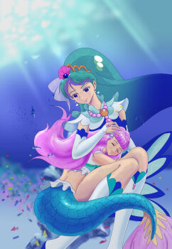 Rule 34 | aqua hair, closed eyes, cradle, cure aqua, cure mermaid, gull (13913961), habata princess, highres, laura la mer, species connection
