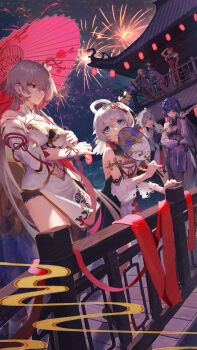 6+girls :d absurdres aerial_fireworks architecture bare_shoulders blue_eyes blue_hair branch breasts bridge bronya_zaychik bronya_zaychik_(arc_city_blues) bronya_zaychik_(haxxor_bunny) brown_hair china_dress chinese_clothes chinese_commentary chinese_new_year cleavage closed_mouth clothing_cutout commentary_request double_bun dress east_asian_architecture ether.b fireworks flower glasses grey_eyes grey_hair hair_between_eyes hair_bun hair_flower hair_ornament hair_over_one_eye hand_fan highres holding holding_fan holding_umbrella honkai_(series) honkai_impact_3rd horns kiana_kaslana kiana_kaslana_(divine_prayer) kiana_kaslana_(frostmoon_bunny) lantern long_hair multiple_girls murata_himeko murata_himeko_(vermillion_knight) murata_himeko_(vernal_brocade) navel navel_cutout night oil-paper_umbrella one_eye_closed open_mouth outdoors purple_eyes purple_hair raiden_mei raiden_mei_(herrscher_of_thunder) raiden_mei_(rainy_springtide) red_dress red_hair rita_rossweisse rita_rossweisse_(argent_knight:_artemis) rita_rossweisse_(maid_of_celestia) see-through_clothes see-through_sleeves seele_vollerei seele_vollerei_(mirrored_flourishes) seele_vollerei_(stygian_nymph) short_hair sky sleeveless sleeveless_dress smile standing theresa_apocalypse tuanshan twintails umbrella white_dress white_flower white_hair yellow_eyes zhuge_kongming_(herald_of_spring)_(honkai_impact) zhuge_kongming_(honkai_impact)