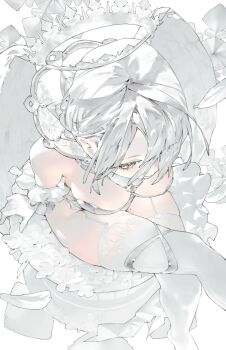 1girl bare_shoulders breasts crossed_legs crown elbow_gloves from_above garter_straps gloves grey_eyes grey_hair hair_over_one_eye long_hair medium_breasts mi8pq mole mole_on_thigh original pointy_ears solo thighhighs white_gloves white_thighhighs