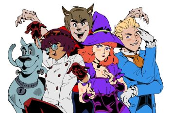 2girls 3boys animal_collar animal_ears blonde_hair brown_hair collar cosplay daphne_blake fake_animal_ears frankenstein&#039;s_monster frankenstein&#039;s_monster_(cosplay) fred_jones gloves halloween halloween_costume hat lab_coat looking_at_viewer multiple_boys multiple_girls officeanomaly one_eye_closed orange_eyes scooby-doo scooby-doo_(character) shaggy_rogers tail vampire_costume velma_dinkley werewolf_costume white_background white_gloves witch_hat