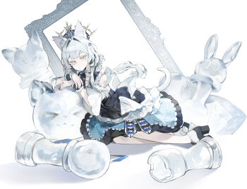 1girl absurdres animal_ear_fluff animal_ears arknights back_bow bai_yao_(user_ygua7252) black_bow black_shoes blue_bow bow cat_ears cat_girl cat_tail chess_piece chinese_commentary choker collar collarbone commentary_request crown detached_sleeves dress floating floating_object flower frilled_bracelet frilled_collar frilled_dress frilled_wristband frills full_body green_eyes hair_between_eyes hair_flower hair_ornament high_heels highres huge_bow long_hair long_sidelocks looking_at_viewer multicolored_shoes official_alternate_costume parted_lips pawn_(chess) picture_frame purple_flower rook_(chess) rosmontis_(an_airy_dream)_(arknights) rosmontis_(arknights) scar scar_on_arm shoes sidelocks simple_background sitting tail through_medium through_painting two-tone_shoes weapon white_background white_bow white_choker white_dress white_hair white_shoes white_sleeves wide_sleeves