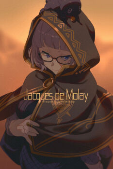 1girl baby_animal baphomet_(fate) black_cloak black_dress blue_eyes breasts character_name cloak dress echo_(circa) fate/grand_order fate_(series) glasses gold_trim grey_hair hood hood_up hooded_cloak jacques_de_molay_(foreigner)_(fate) jacques_de_molay_(foreigner)_(first_ascension)_(fate) lamb large_breasts long_sleeves looking_at_viewer sheep short_hair