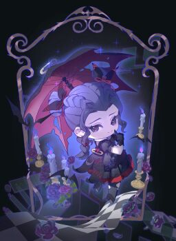 1girl black_background black_bow black_dress black_gloves black_umbrella blue_outline bow braid bright_pupils candle chibi chinese_commentary closed_mouth commentary_request double_bun dream-like_night_(infinity_nikki) dress eyelashes finger_to_cheek fire floating flower forehead frilled_dress frilled_sleeves frills gloves gothic_lolita grey_eyes grey_hair hair_bow hair_bun hair_ornament hair_ribbon happy heart heart_hair_ornament highres holding holding_umbrella infinity_nikki leaf lolita_fashion long_hair medium_dress nikki_(series) outline paperclip picture_frame pleated_dress puffy_short_sleeves puffy_sleeves purple_fire purple_flower purple_rose red_pupils red_ribbon red_umbrella ribbon rose short_sleeves side_braid solo sparkle torn_umbrella tsurime twin_braids two-sided_umbrella umbrella umbrella_over_shoulder yuqing99999