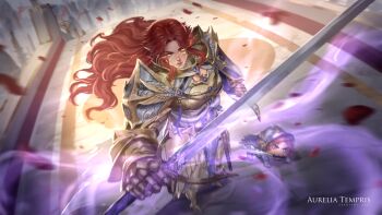 Rule 34 | 1girl, absurdres, adeptus custodes, armor, artist name, aurelia tempris, character name, commission, gauntlets, gold armor, gold gauntlets, highres, holding, holding sword, holding weapon, indie virtual youtuber, knife in mouth, lips, long hair, orange hair, pauldrons, pointy ears, shoulder armor, sword, virtual youtuber, weapon, yellow eyes, zsanjani